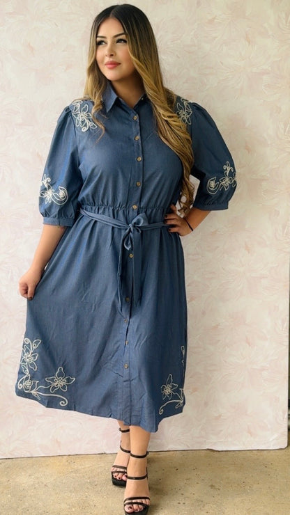 Embroidery Denim MIdi Dress