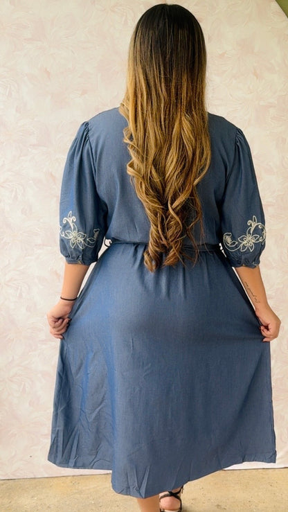 Embroidery Denim MIdi Dress
