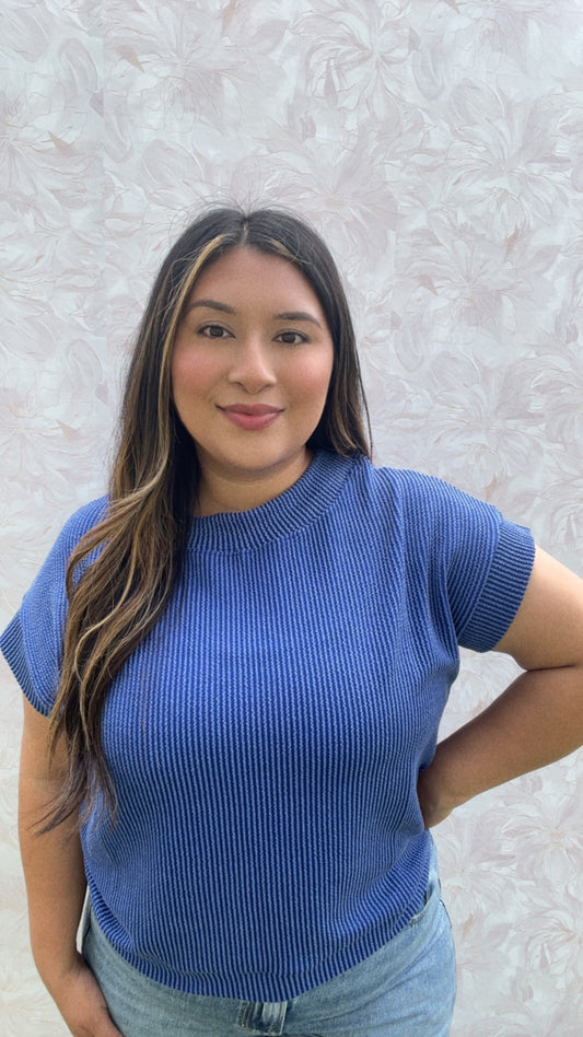 CLASSY BLUE RIBBED TOP